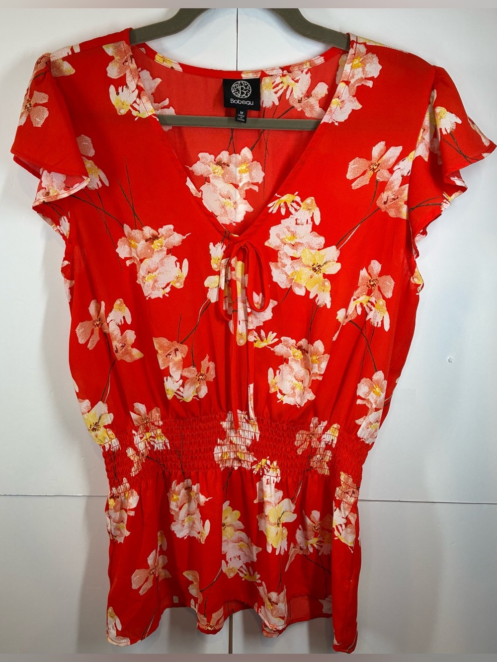 Bobeau Medium Floral Flutter Sleeve Smocked Waist Blouse Red Pink Tie Neck Top